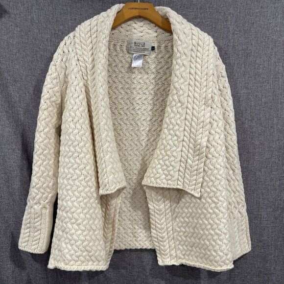 Aran Sweater Market Sweater Women Large Ivory Shawl Cardigan Ireland Virgin Wool - Picture 1 of 12